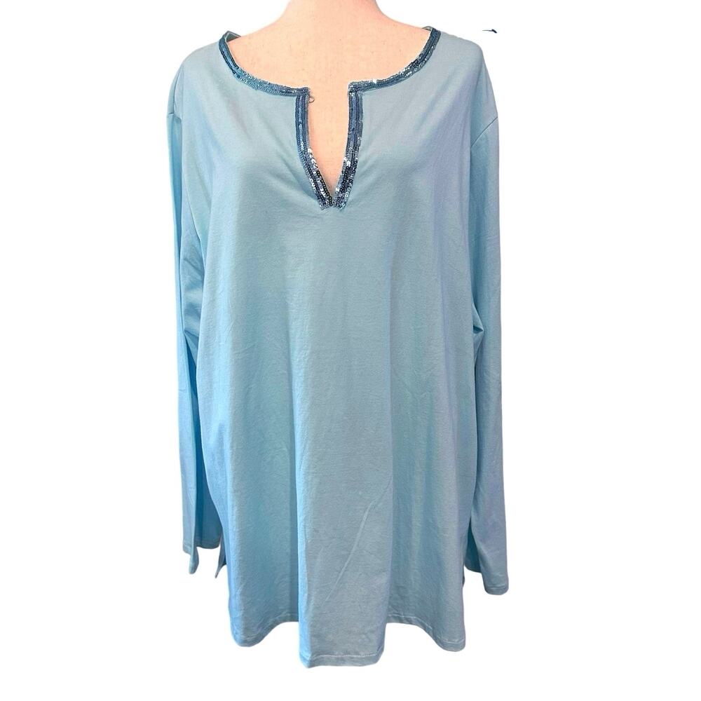 Route 66‎ women’s plus size top blue tunic notched collar Sequin trim size 3x